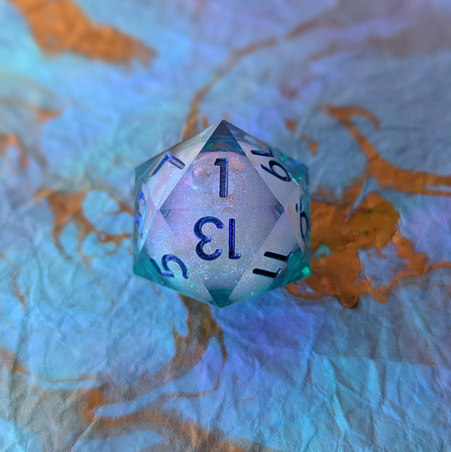 Celestial Drift Liquid Core D20 – 1.5" Purple Blue Iridescent Micro - Glitter Die - Fennek and Finch