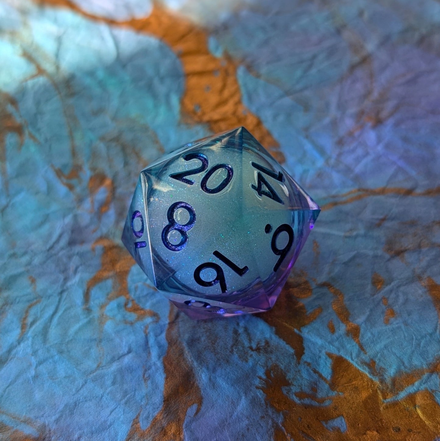 Celestial Drift Liquid Core D20 – 1.5" Purple Blue Iridescent Micro - Glitter Die - Fennek and Finch