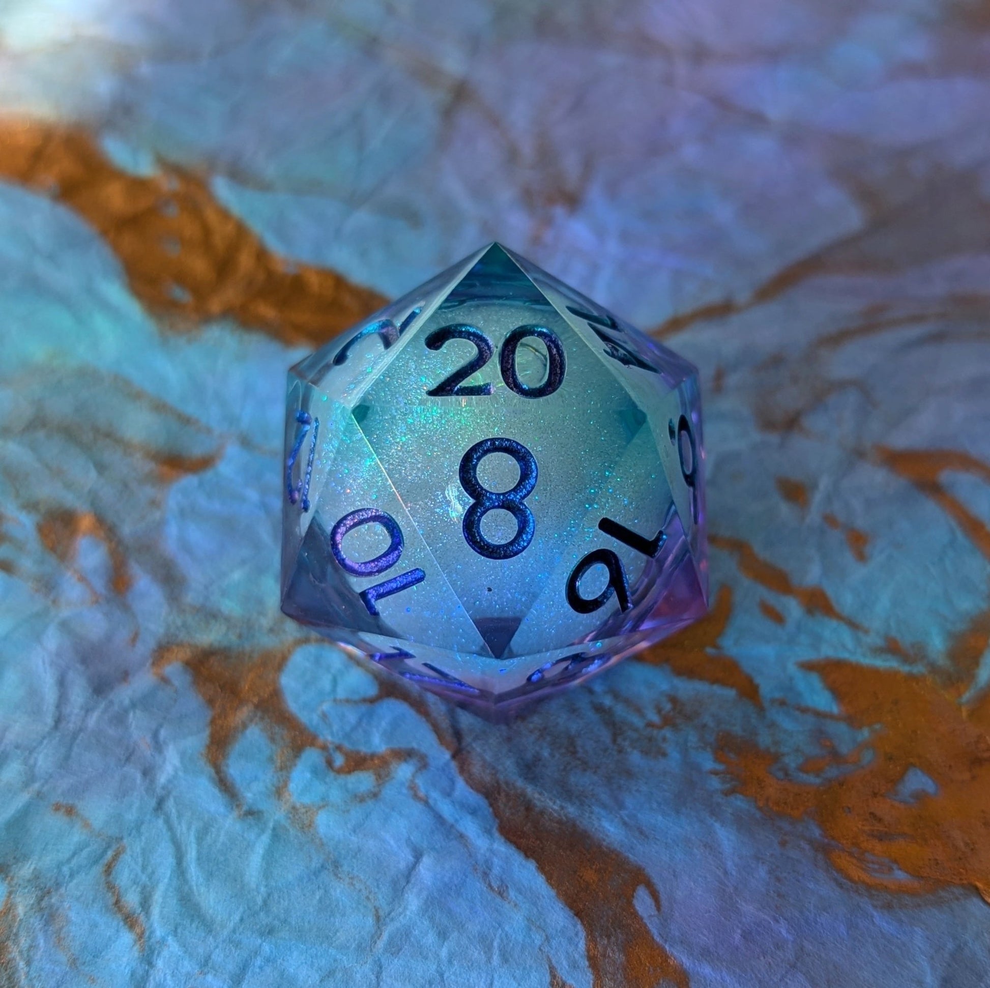 Celestial Drift Liquid Core D20 – 1.5" Purple Blue Iridescent Micro - Glitter Die - Fennek and Finch