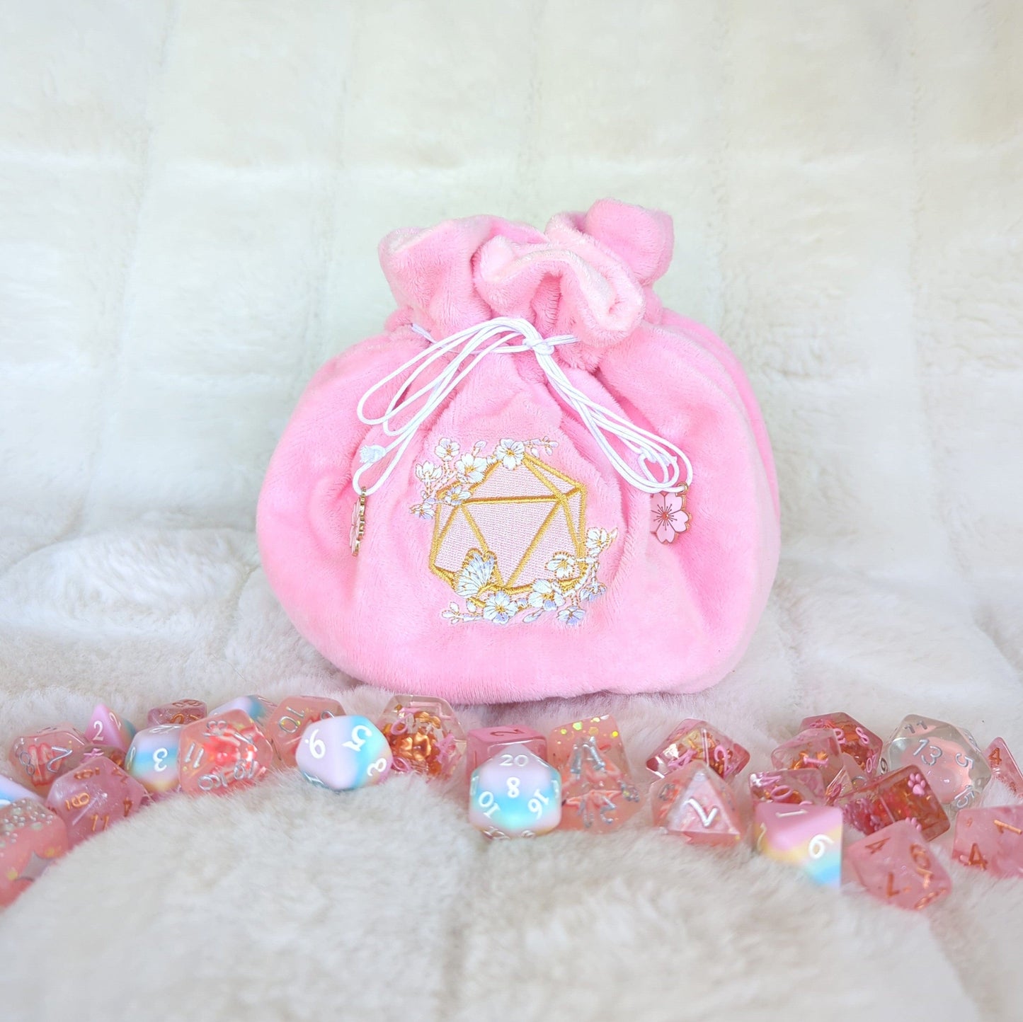 Cherry Blossom dice bag. Multi pocket large dice bag in pink