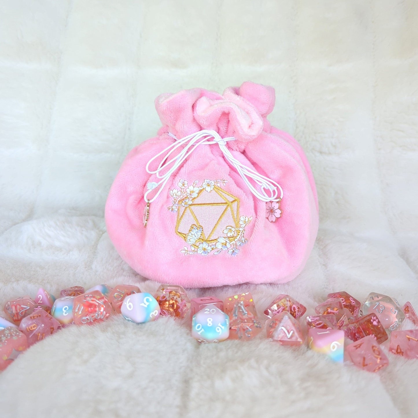Cherry Blossom Dice Bag – Multi - Pocket Pink Velvet Pouch with Butterfly | Fennek & Finch - Fennek and Finch