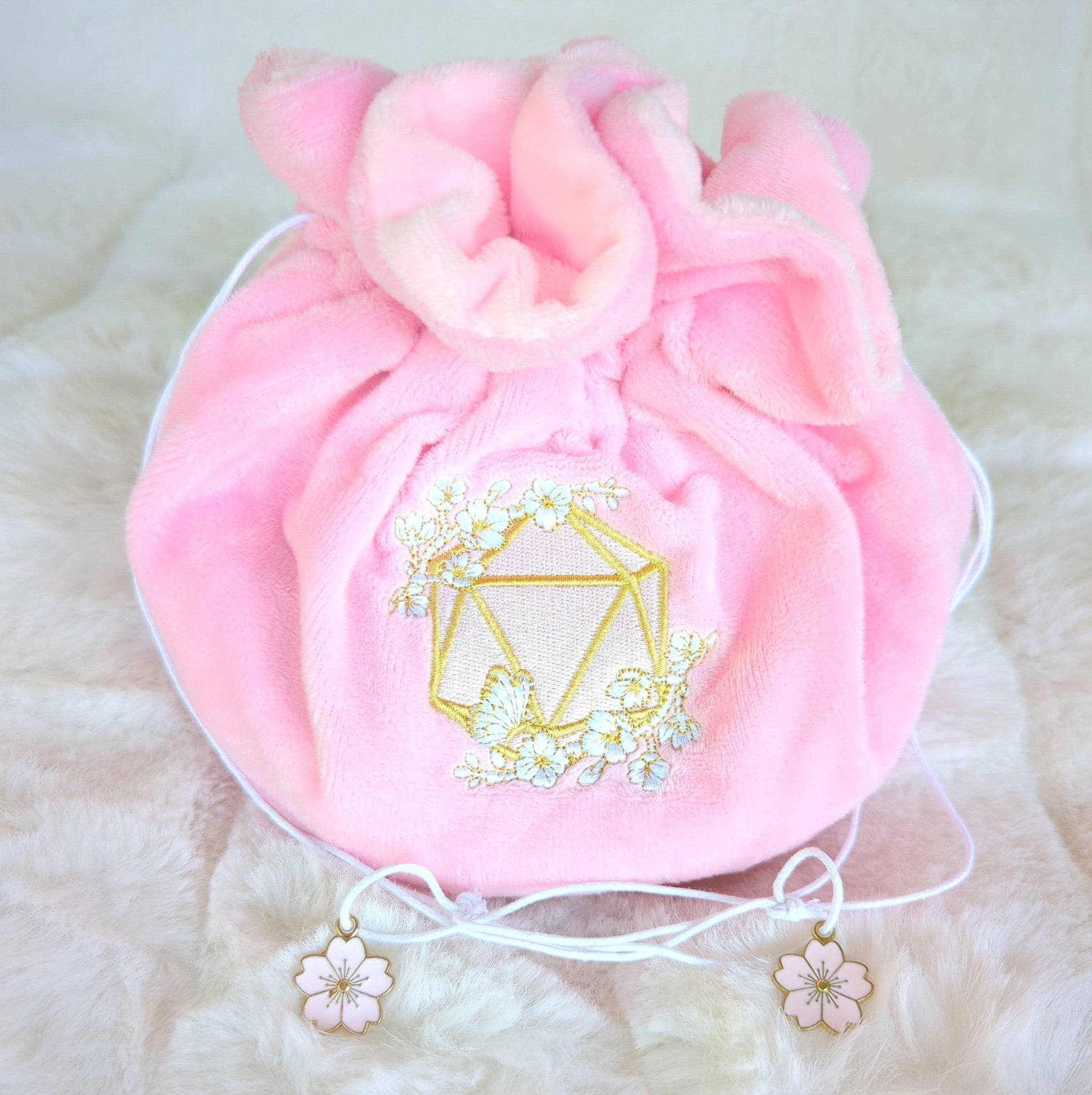 Cherry Blossom Dice Bag – Multi - Pocket Pink Velvet Pouch with Butterfly | Fennek & Finch - Fennek and Finch