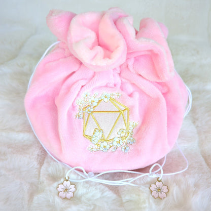 Cherry Blossom Dice Bag – Multi - Pocket Pink Velvet Pouch with Butterfly | Fennek & Finch - Fennek and Finch