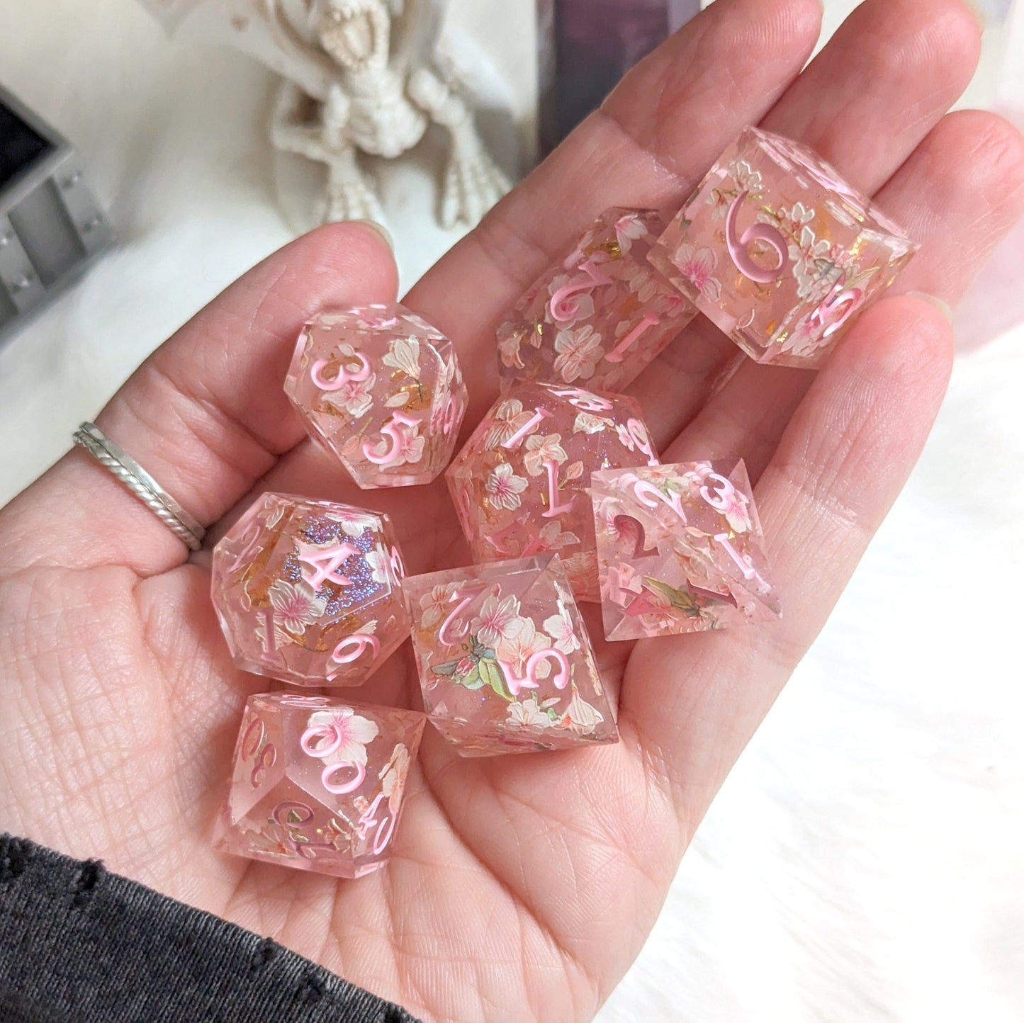 Cherry Blossom Dice Set – 8 - Piece Pink Floral DnD Dice with Crystal D4 | Fennek & Finch - Fennek and Finch