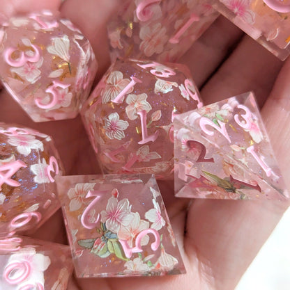 Cherry Blossom Dice Set – 8 - Piece Pink Floral DnD Dice with Crystal D4 | Fennek & Finch - Fennek and Finch