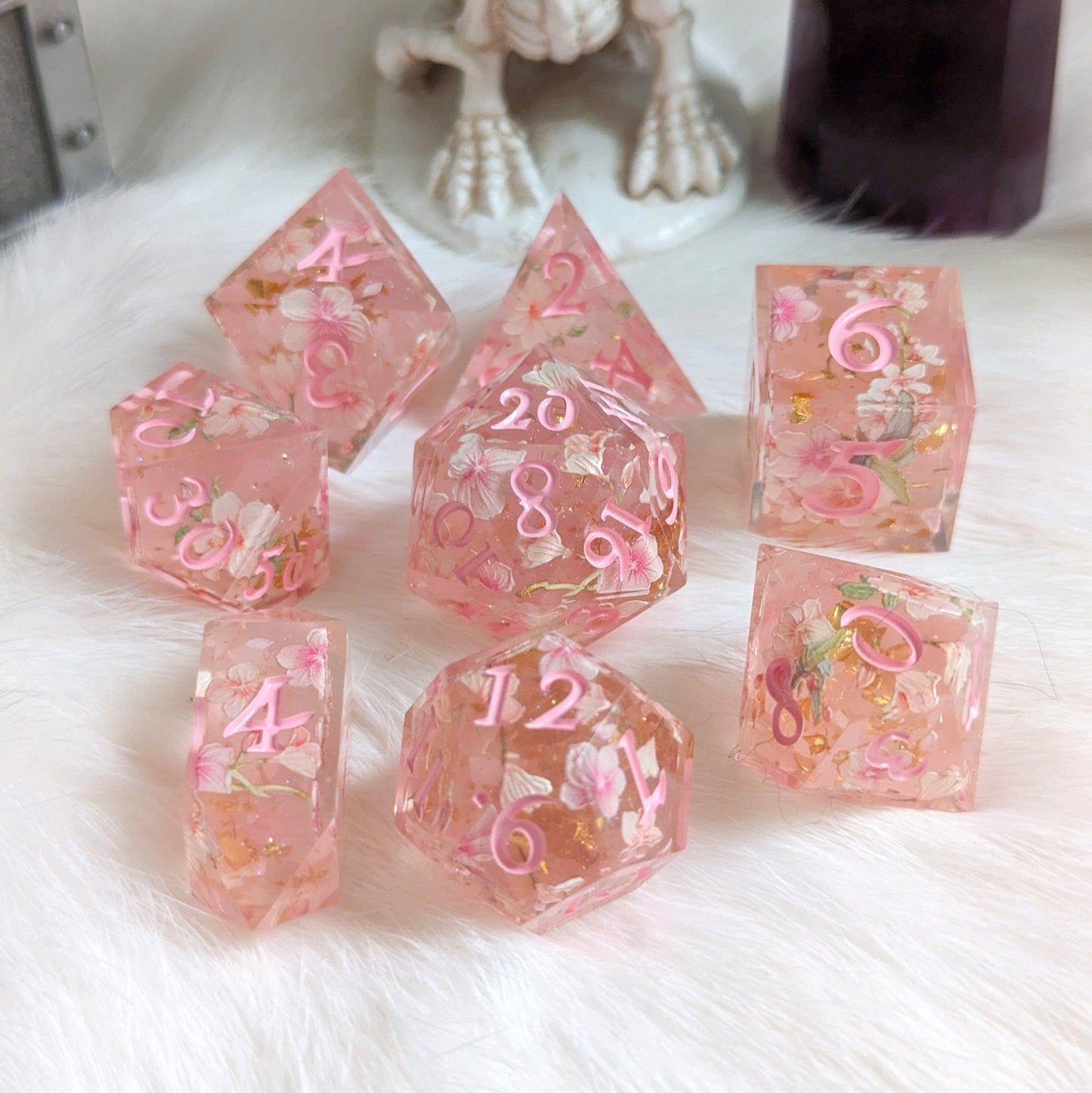 Cherry Blossom Dice Set – 8 - Piece Pink Floral DnD Dice with Crystal D4 | Fennek & Finch - Fennek and Finch