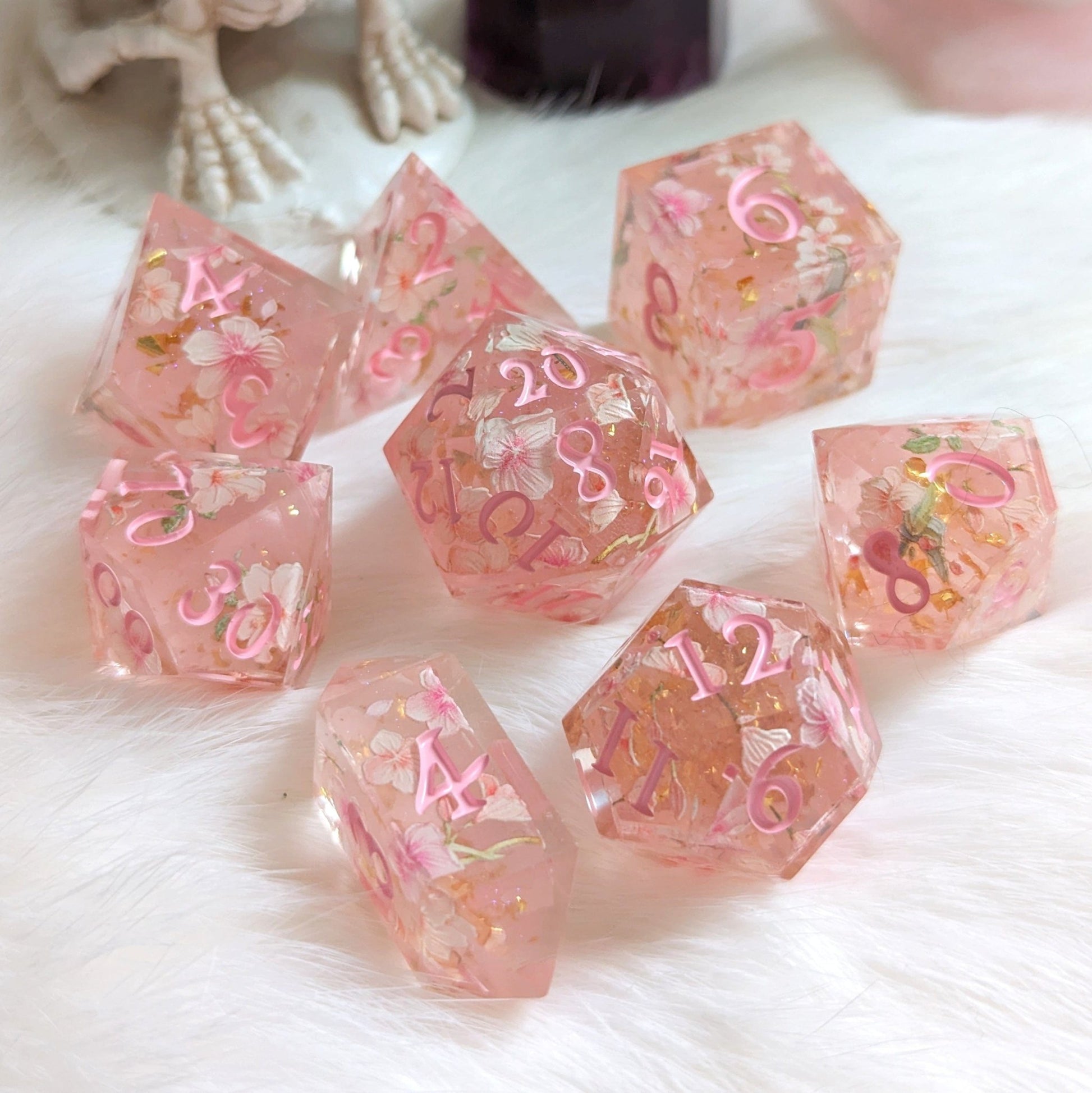 Cherry Blossom Dice Set – 8 - Piece Pink Floral DnD Dice with Crystal D4 | Fennek & Finch - Fennek and Finch