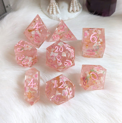 Cherry Blossom Dice Set – 8 - Piece Pink Floral DnD Dice with Crystal D4 | Fennek & Finch - Fennek and Finch