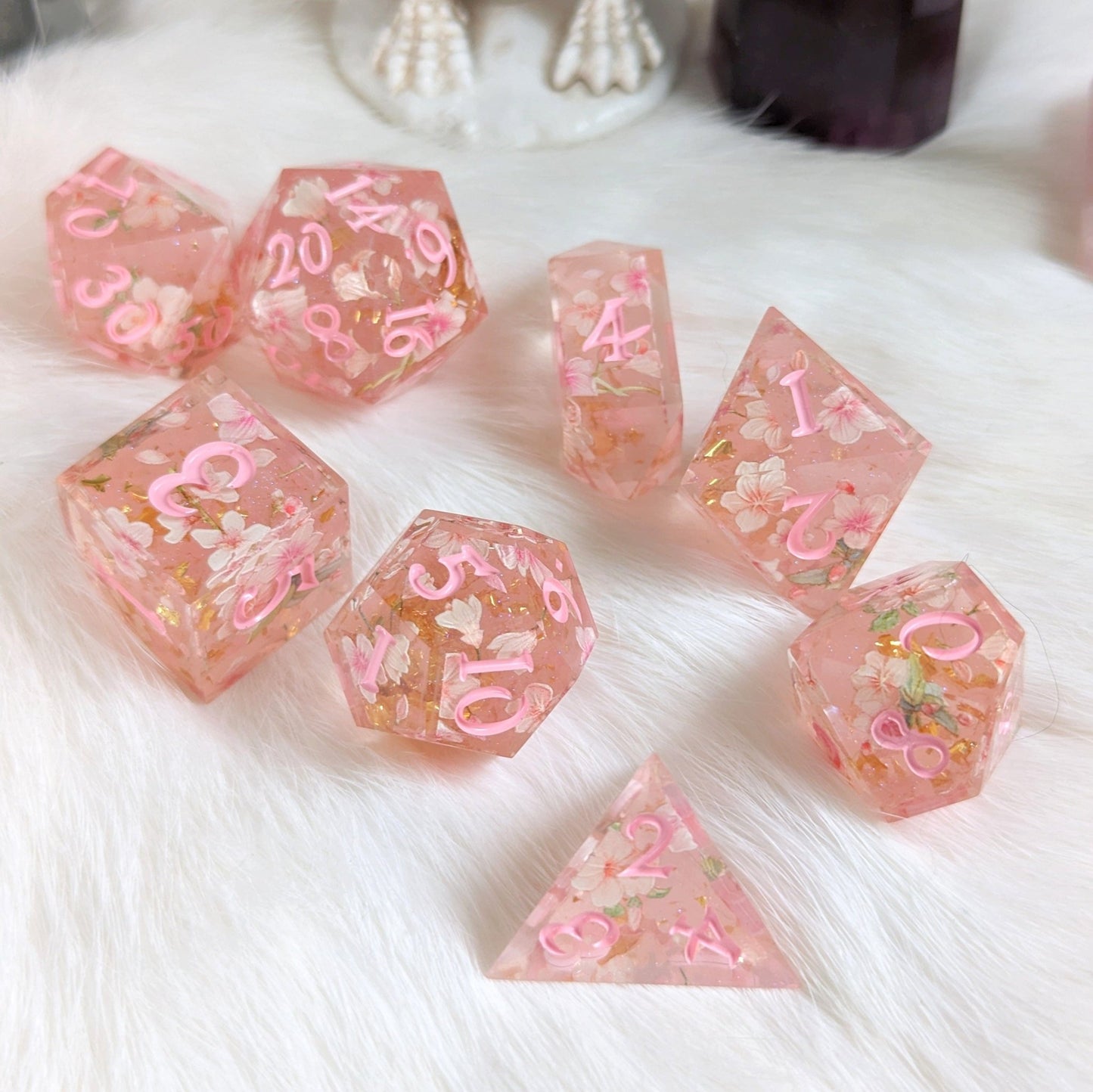Cherry Blossom Dice Set – 8 - Piece Pink Floral DnD Dice with Crystal D4 | Fennek & Finch - Fennek and Finch