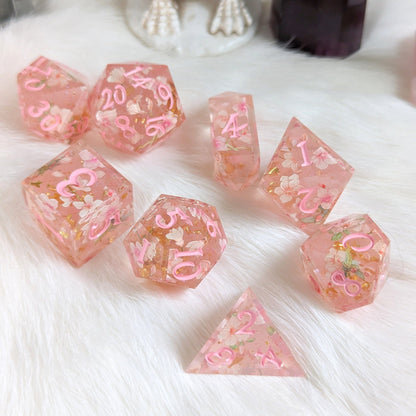 Cherry Blossom Dice Set – 8 - Piece Pink Floral DnD Dice with Crystal D4 | Fennek & Finch - Fennek and Finch