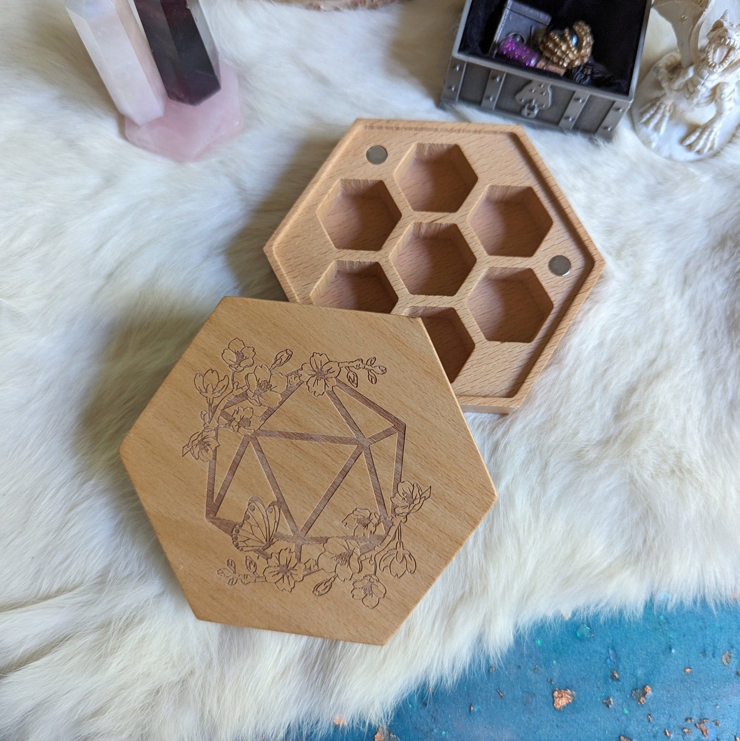 Cherry Blossom Hexagonal Wood Dice Box – Beech Wood 4.2" x 4" Magnetic - Fennek and Finch