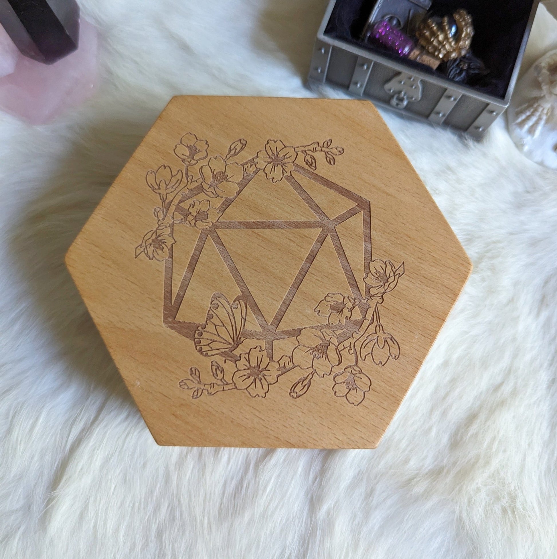 Cherry Blossom Hexagonal Wood Dice Box – Beech Wood 4.2" x 4" Magnetic - Fennek and Finch