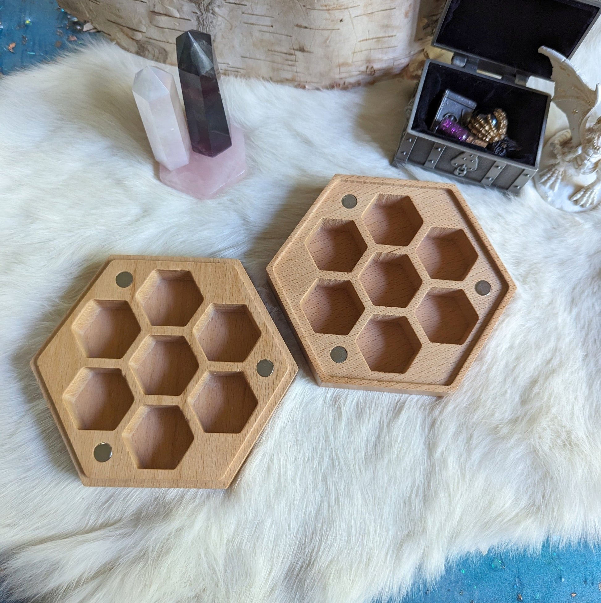 Cherry Blossom Hexagonal Wood Dice Box – Beech Wood 4.2" x 4" Magnetic - Fennek and Finch