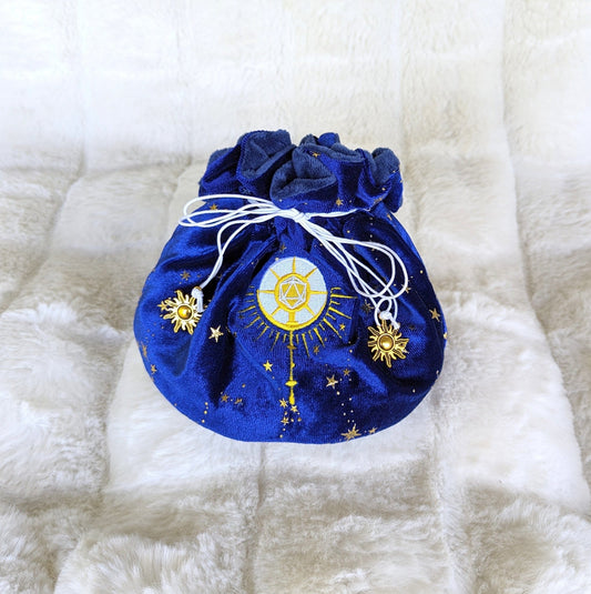 Cleric Dice Bag – Multi - Pocket Starry Blue Velvet Pouch with D20 Design | Fennek & Finch - Fennek and Finch