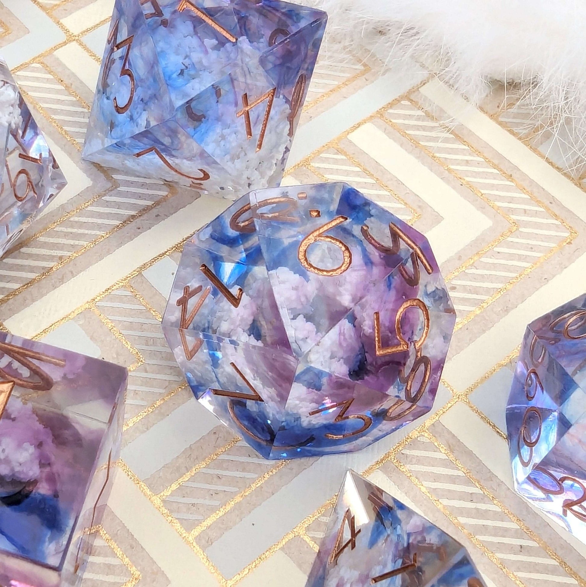 Clouds Dice Set – Sharp Edge Blue Purple Sky DnD Dice with Cloud Inclusions | Fennek & Finch Dice Sets & Games Fennek and Finch