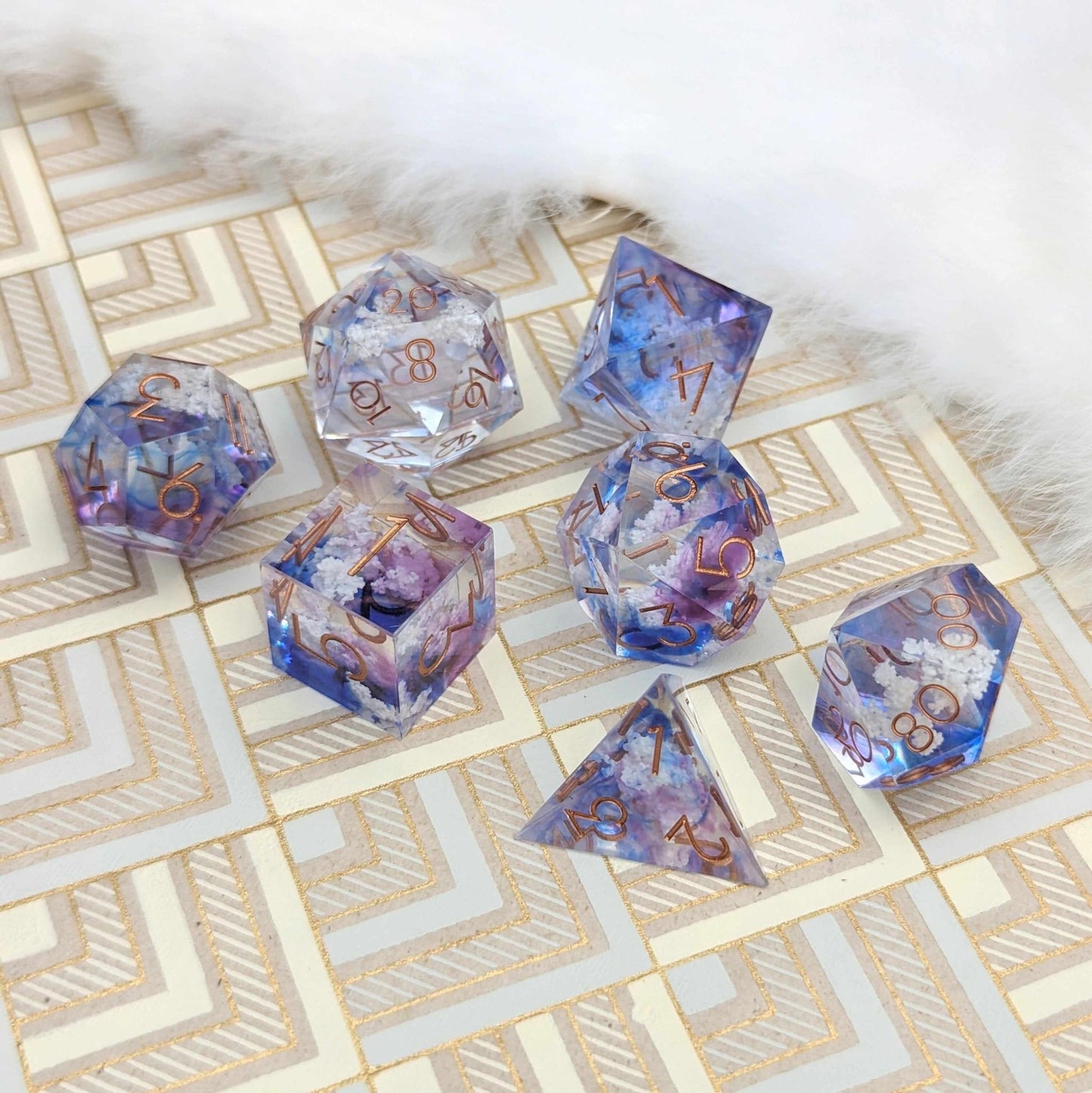 Clouds Dice Set – Sharp Edge Blue Purple Sky DnD Dice with Cloud Inclusions | Fennek & Finch Dice Sets & Games Fennek and Finch