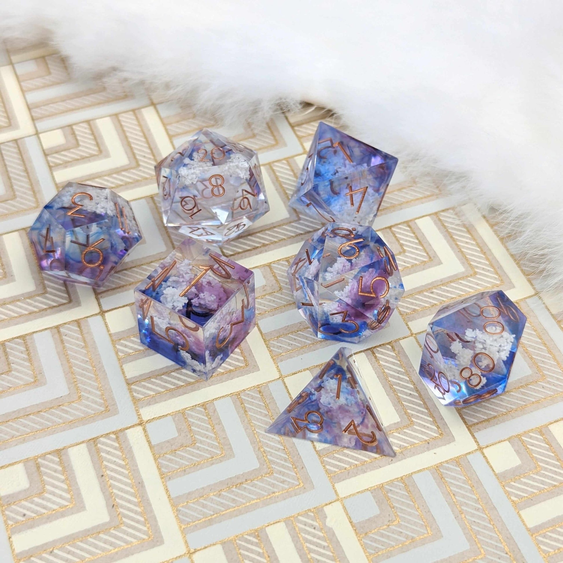 Clouds Dice Set – Sharp Edge Blue Purple Sky DnD Dice with Cloud Inclusions | Fennek & Finch Dice Sets & Games Fennek and Finch
