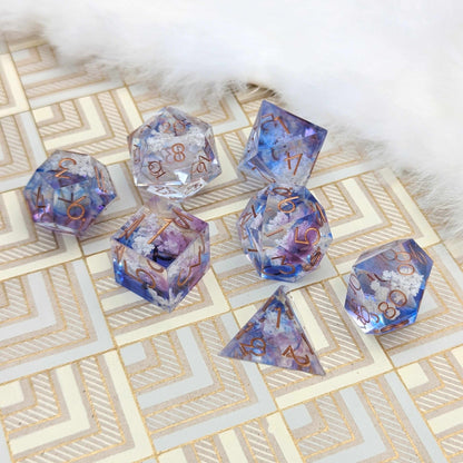 Clouds Dice Set – Sharp Edge Blue Purple Sky DnD Dice with Cloud Inclusions | Fennek & Finch Dice Sets & Games Fennek and Finch
