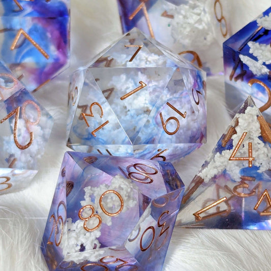 Clouds Dice Set – Sharp Edge Blue Purple Sky DnD Dice with Cloud Inclusions | Fennek & Finch - Fennek and Finch