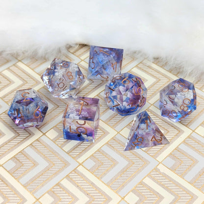 Clouds Dice Set – Sharp Edge Blue Purple Sky DnD Dice with Cloud Inclusions | Fennek & Finch Dice Sets & Games Fennek and Finch