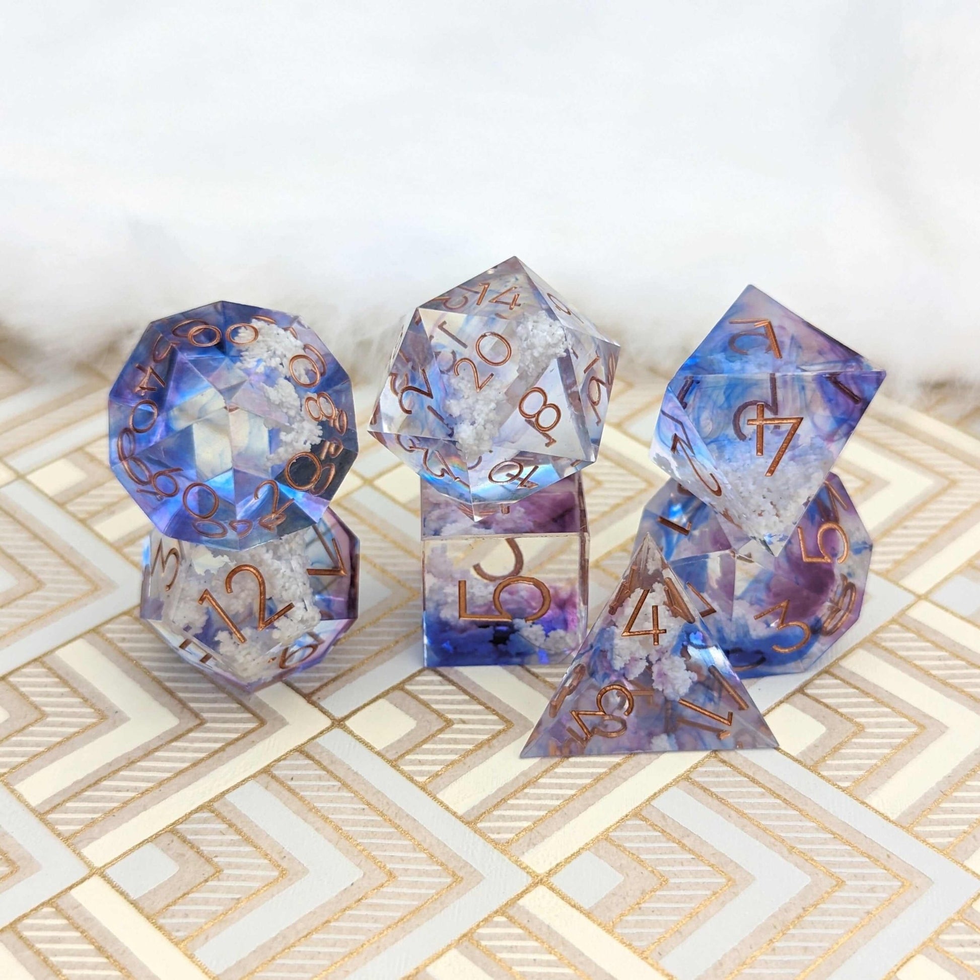 Clouds Dice Set – Sharp Edge Blue Purple Sky DnD Dice with Cloud Inclusions | Fennek & Finch Dice Sets & Games Fennek and Finch