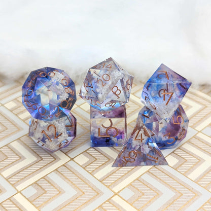 Clouds Dice Set – Sharp Edge Blue Purple Sky DnD Dice with Cloud Inclusions | Fennek & Finch Dice Sets & Games Fennek and Finch