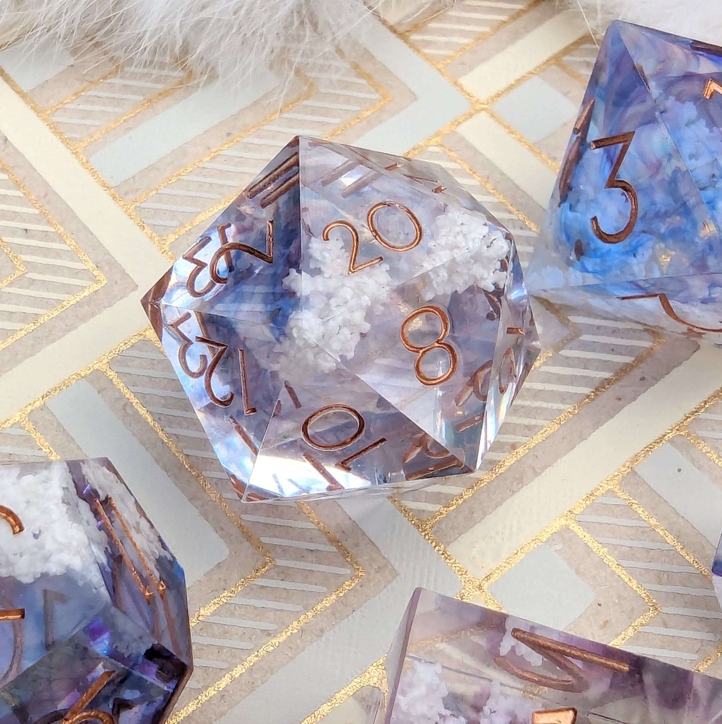 Clouds Dice Set – Sharp Edge Blue Purple Sky DnD Dice with Cloud Inclusions | Fennek & Finch Dice Sets & Games Fennek and Finch