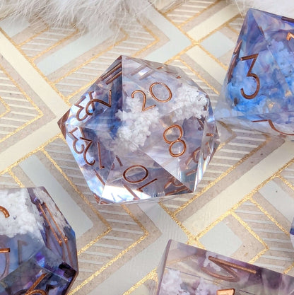 Clouds Dice Set – Sharp Edge Blue Purple Sky DnD Dice with Cloud Inclusions | Fennek & Finch Dice Sets & Games Fennek and Finch