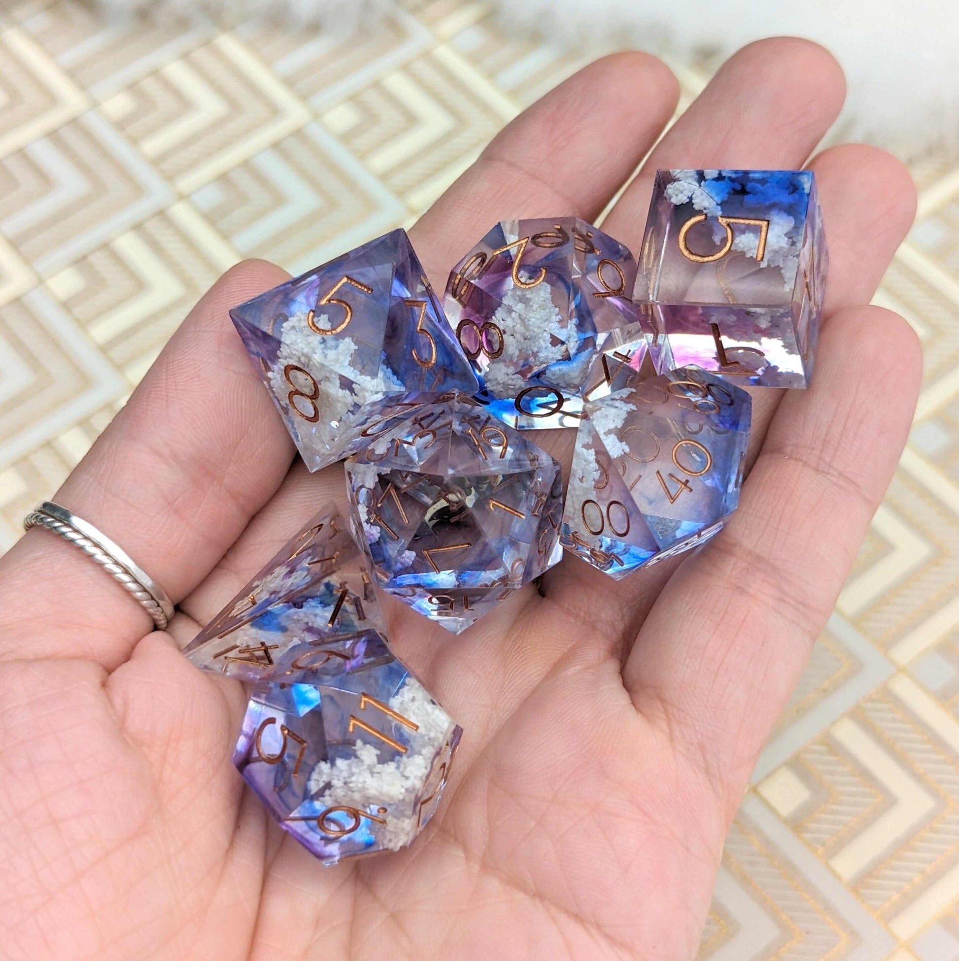 Clouds Dice Set – Sharp Edge Blue Purple Sky DnD Dice with Cloud Inclusions | Fennek & Finch Dice Sets & Games Fennek and Finch