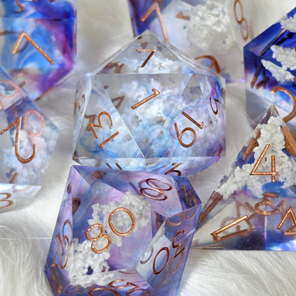 Sharp-edged Clouds DnD Dice Set with blue, purple tints and cloud inclusions, ideal for tabletop role-playing games.