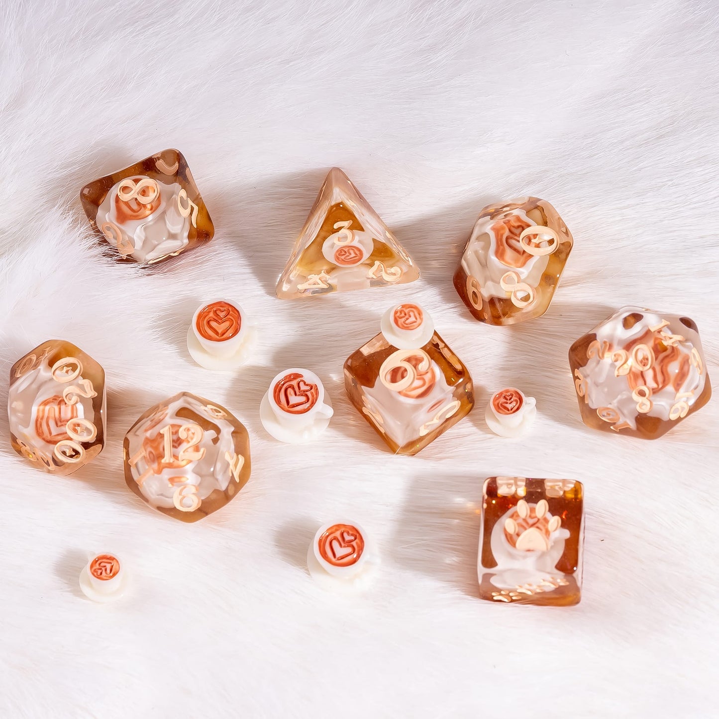 Coffee Cup Dice Set – 8pc Resin Dice with Tiny Cup & Saucer Latte Art Dice sets Fennek and Finch