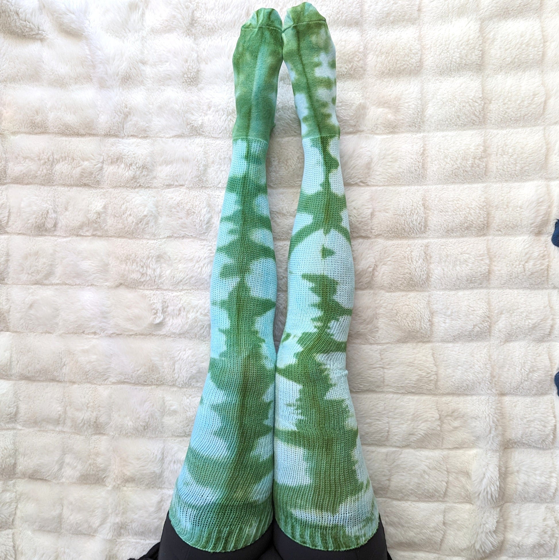 Cozy Sea Elf Socks - Blue Green Cotton Tie-dyed thigh high socks