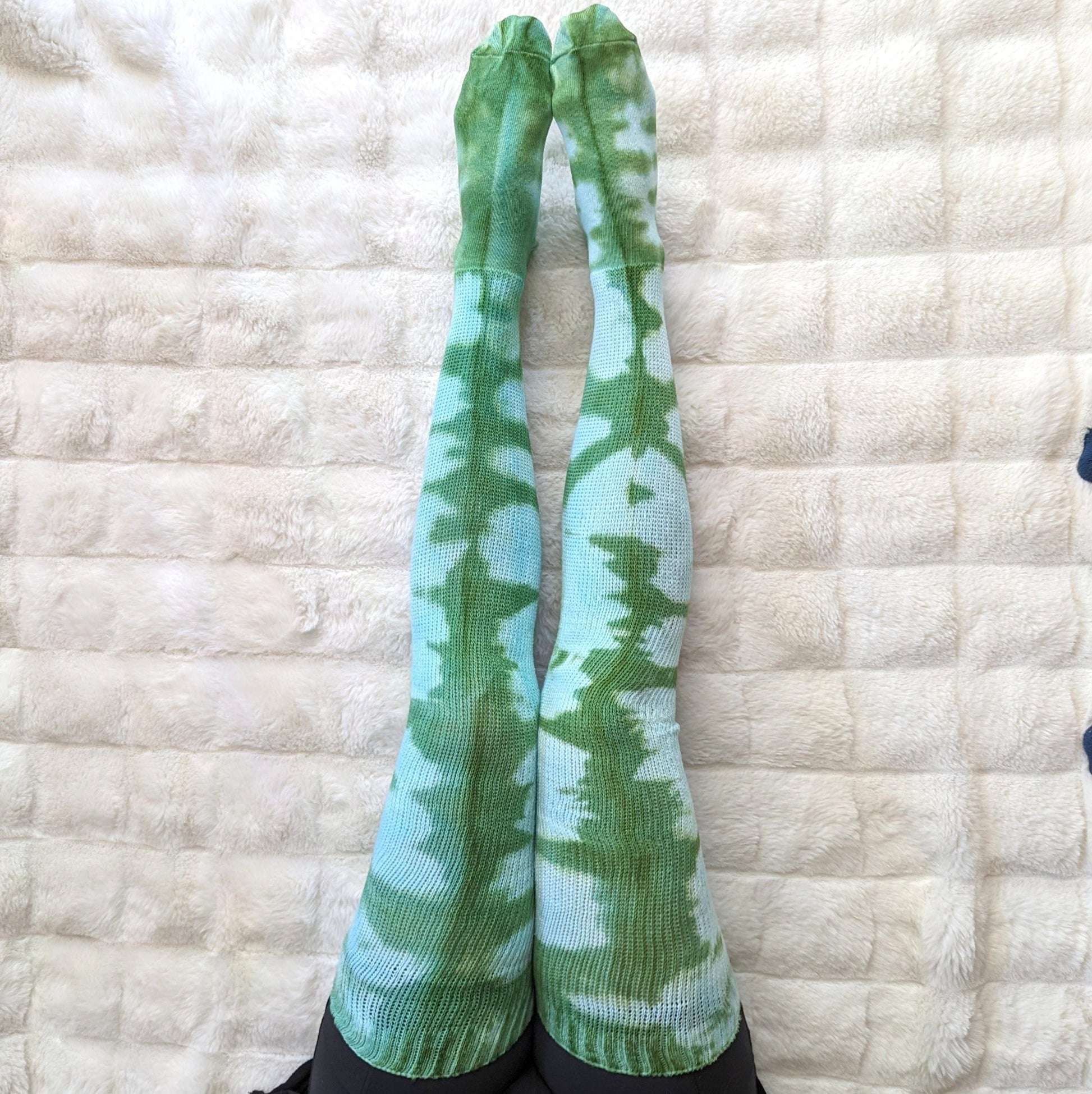 Cozy Sea Elf Socks - Blue Green Cotton Tie - dyed thigh high socks - Fennek and Finch