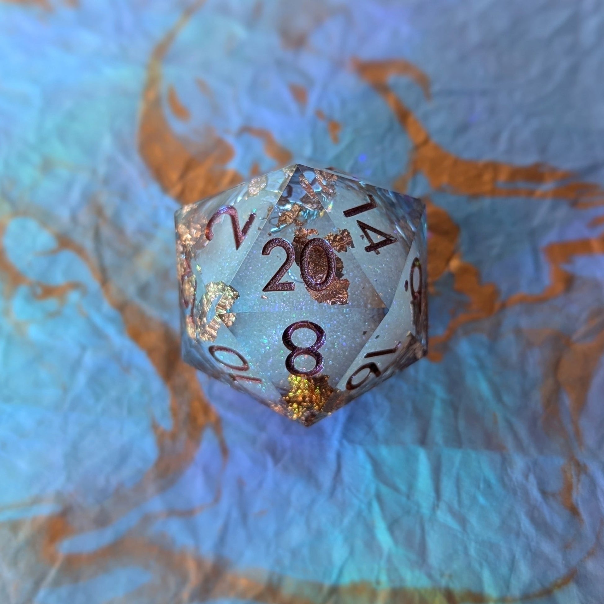 Crimson Copper Liquid Core D20 – 1.5" Periwinkle Copper Foil Burgundy Font - Fennek and Finch