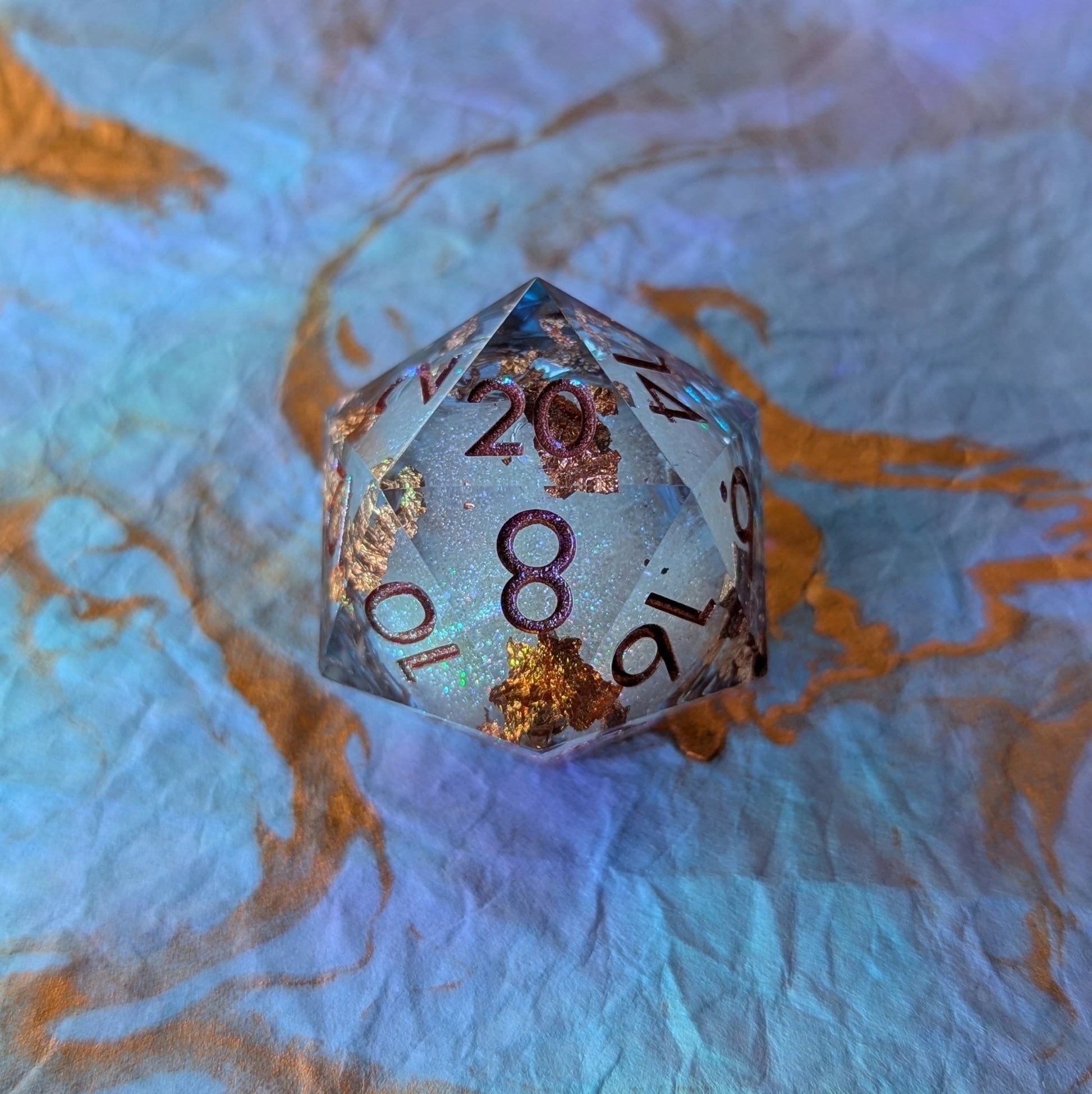 Crimson Copper Liquid Core D20 – 1.5" Periwinkle Copper Foil Burgundy Font - Fennek and Finch