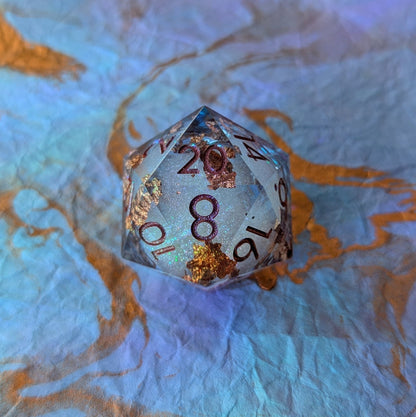 Crimson Copper Liquid Core D20 – 1.5" Periwinkle Copper Foil Burgundy Font - Fennek and Finch