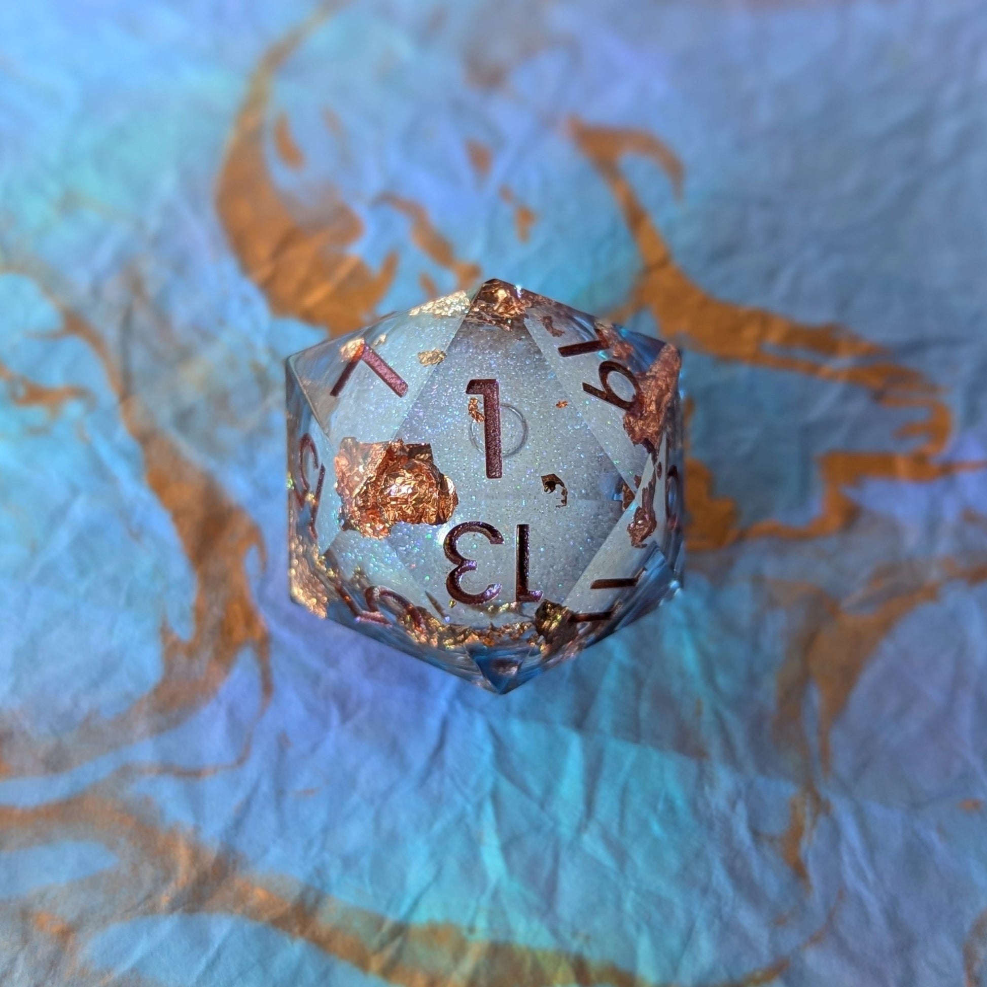 Crimson Copper Liquid Core D20 – 1.5" Periwinkle Copper Foil Burgundy Font - Fennek and Finch