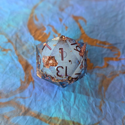 Crimson Copper Liquid Core D20 – 1.5" Periwinkle Copper Foil Burgundy Font - Fennek and Finch