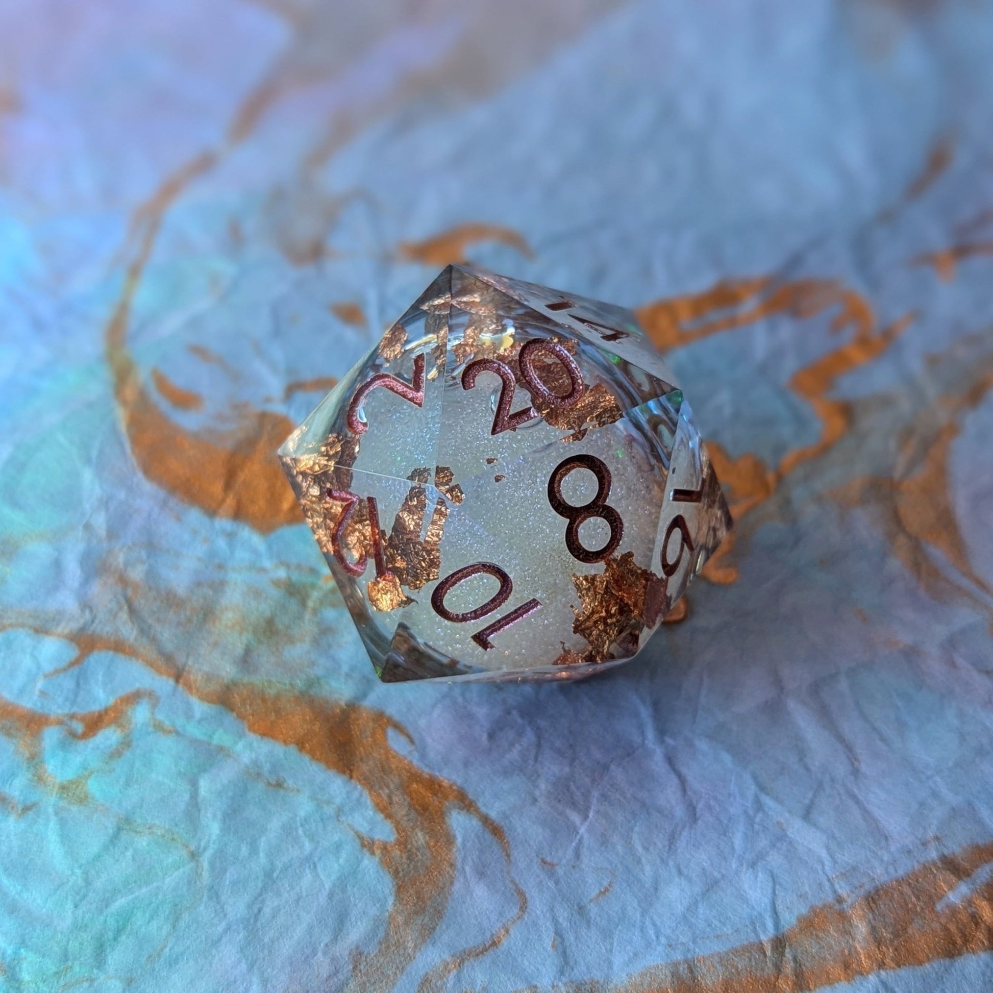 Crimson Copper Liquid Core D20 – 1.5" Periwinkle Copper Foil Burgundy Font - Fennek and Finch