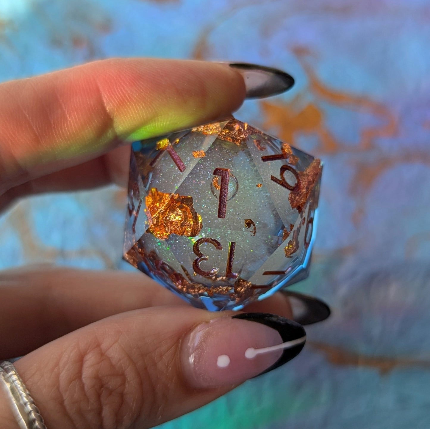 Crimson Copper Liquid Core D20 – 1.5" Periwinkle Copper Foil Burgundy Font - Fennek and Finch