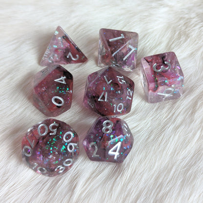 Dark Boon Dice Set. Purple, Red, and Black Glittering Dice