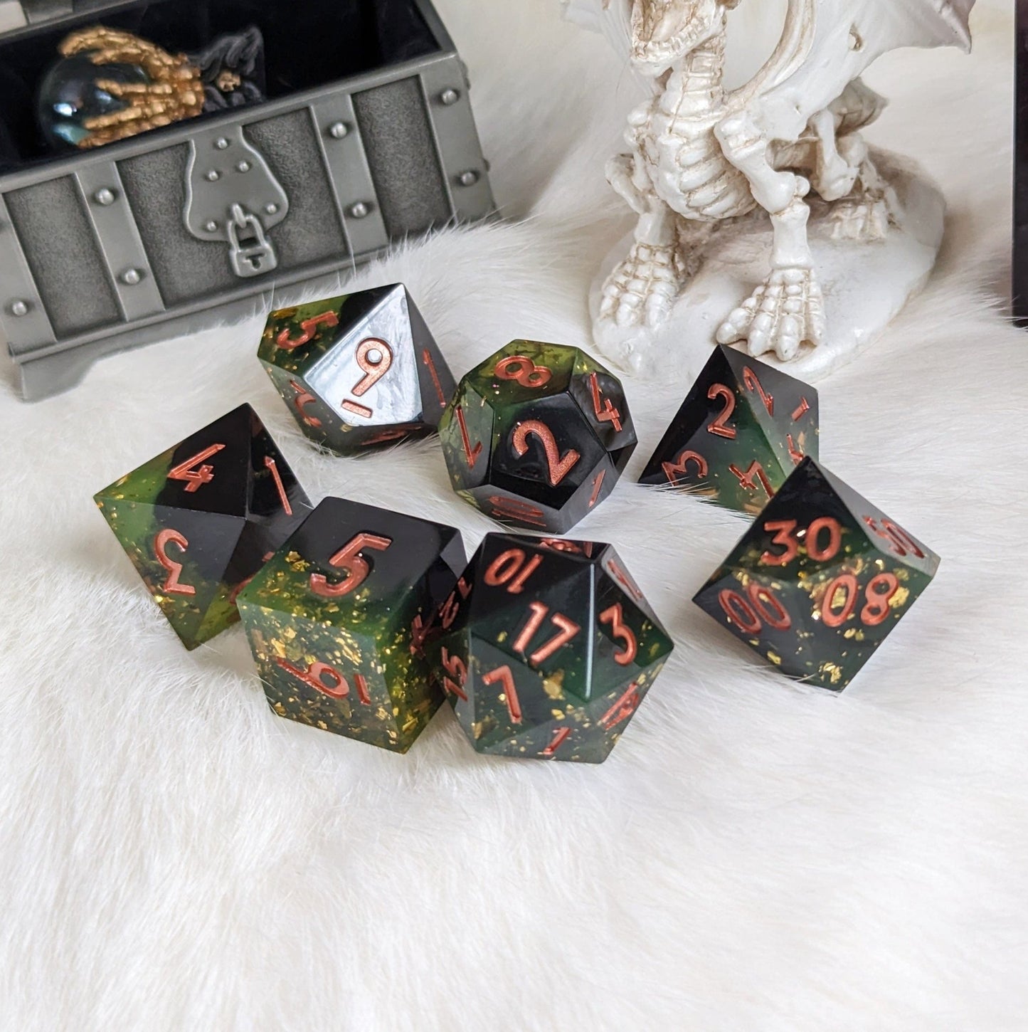 Dark Green Black Dice Set – 7-Piece Sharp Edge Layered Gold Flake Copper Font Dice Sets & Games Fennek and Finch