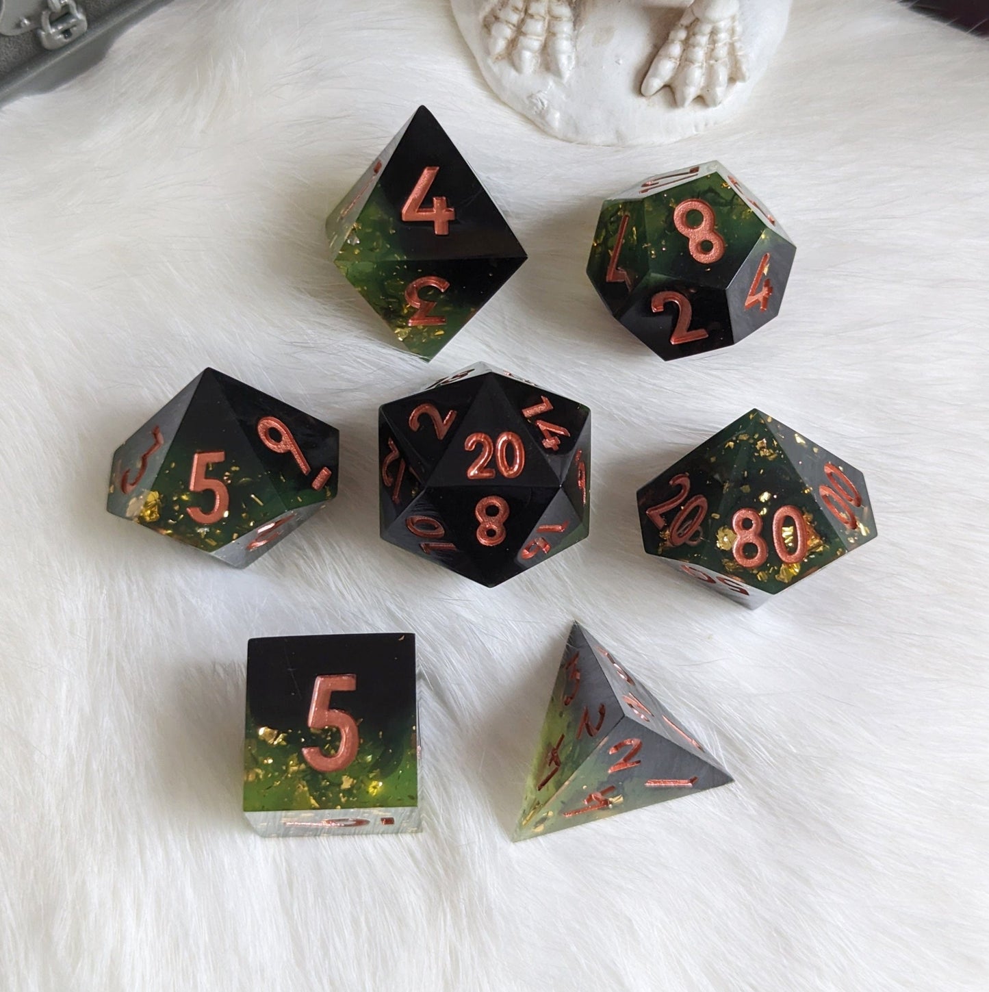 Dark Green Black Dice Set – 7-Piece Sharp Edge Layered Gold Flake Copper Font Dice Sets & Games Fennek and Finch