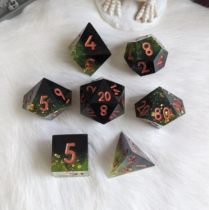 Dark Green Black Dice Set – 7-Piece Sharp Edge Layered Gold Flake Copper Font Dice Sets & Games Fennek and Finch