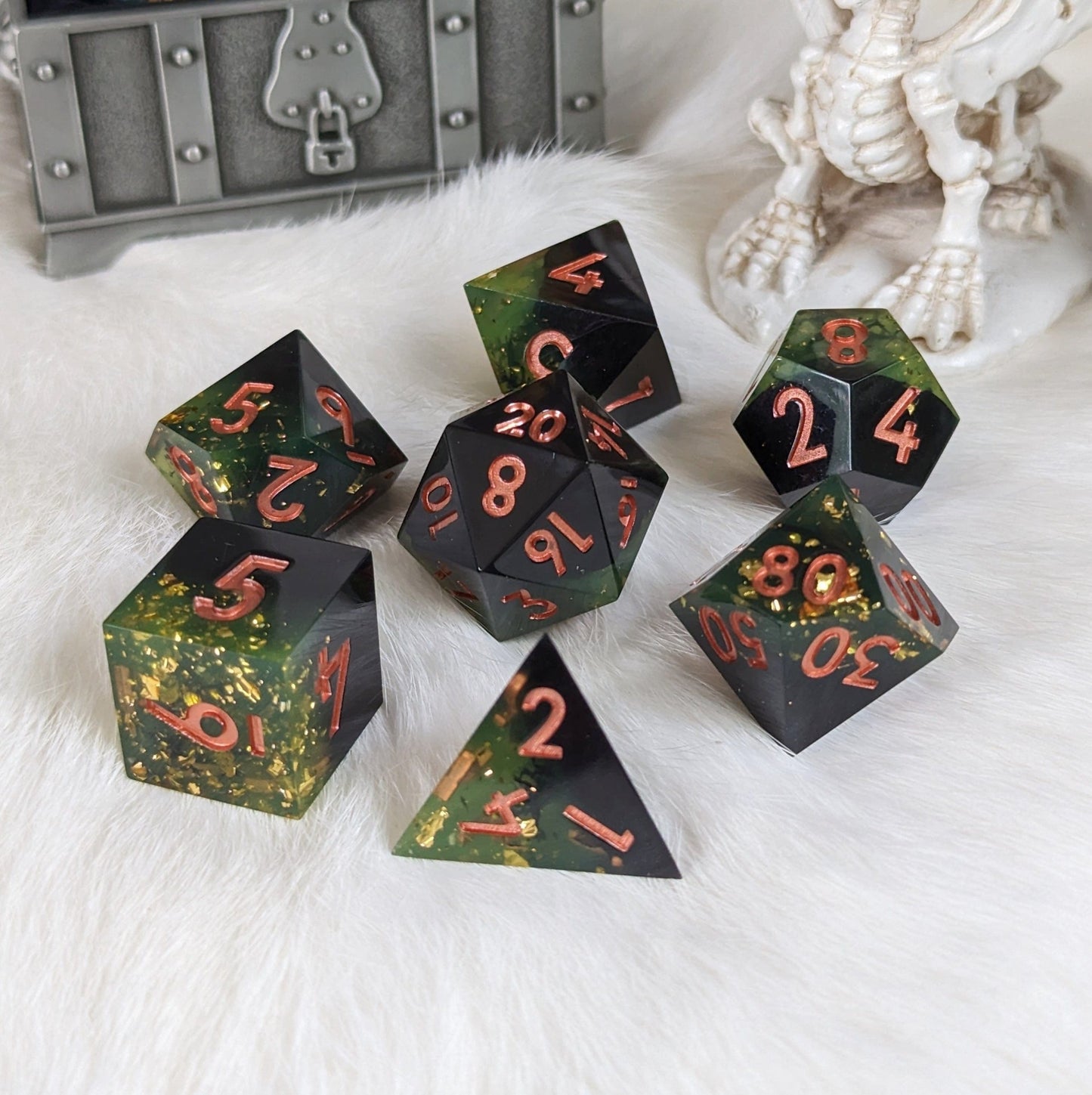 Dark Green Black Dice Set – 7-Piece Sharp Edge Layered Gold Flake Copper Font Dice Sets & Games Fennek and Finch