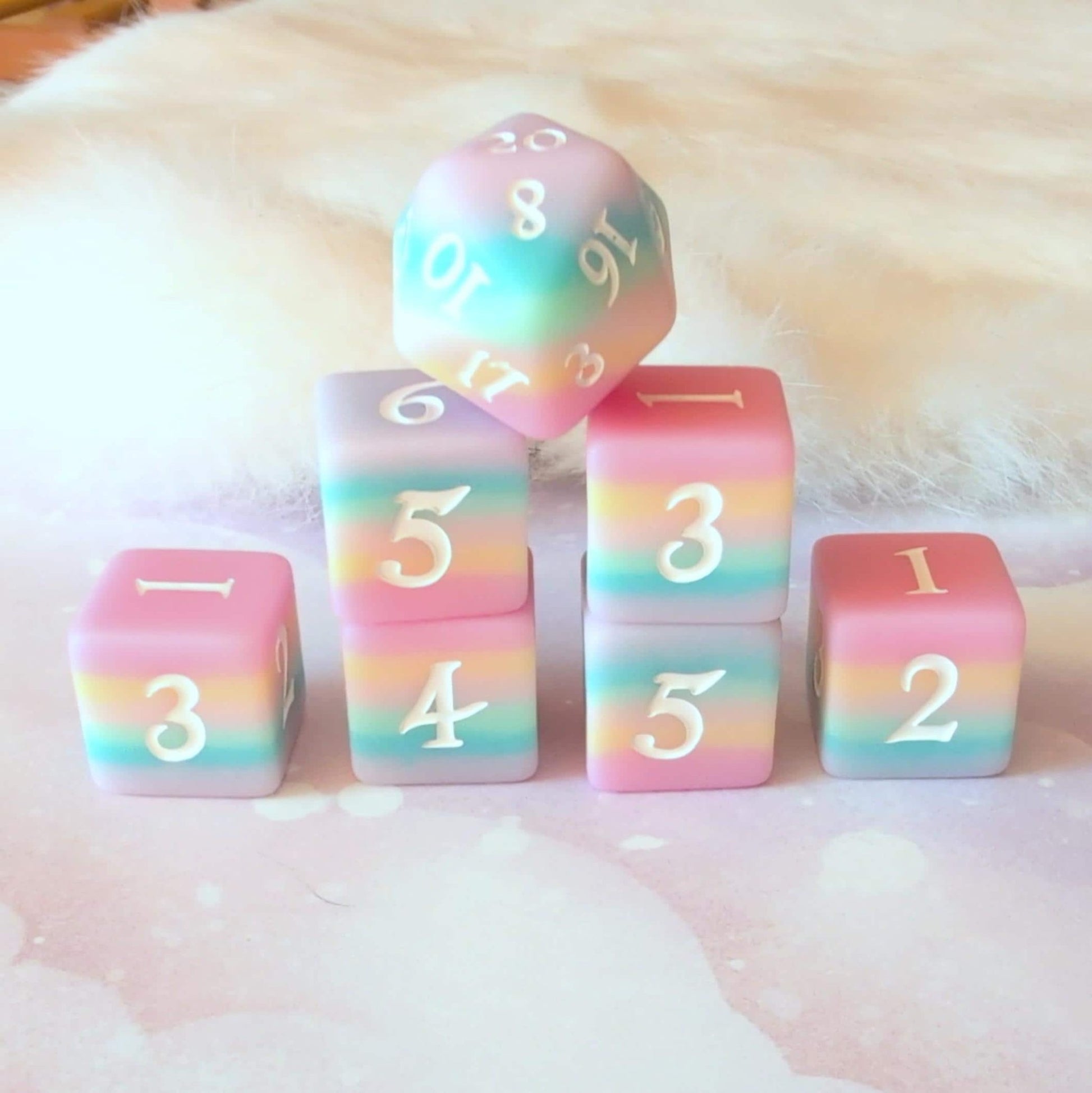 Dazed and Dreamy D6 Dice Set – 6 D6 + 1 D20 Matte Pastel Rainbow | Fennek & Finch Dice Sets & Games Fennek & Finch