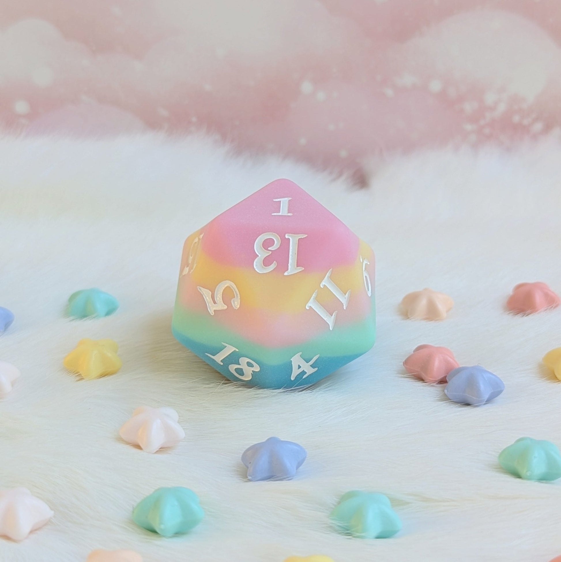 Dazed and Dreamy Oversized D20 – Pastel Rainbow Large Die for DnD | Fennek & Finch - Fennek and Finch