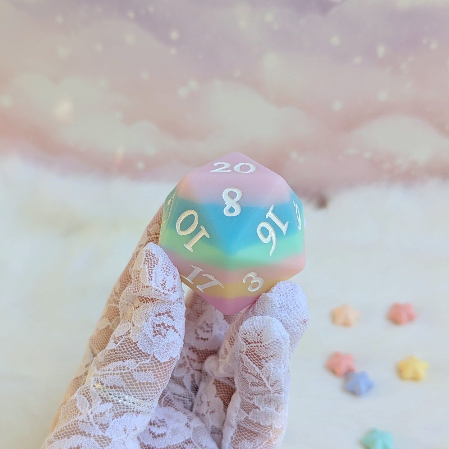 Dazed and Dreamy Oversized D20 – Pastel Rainbow Large Die for DnD | Fennek & Finch - Fennek and Finch
