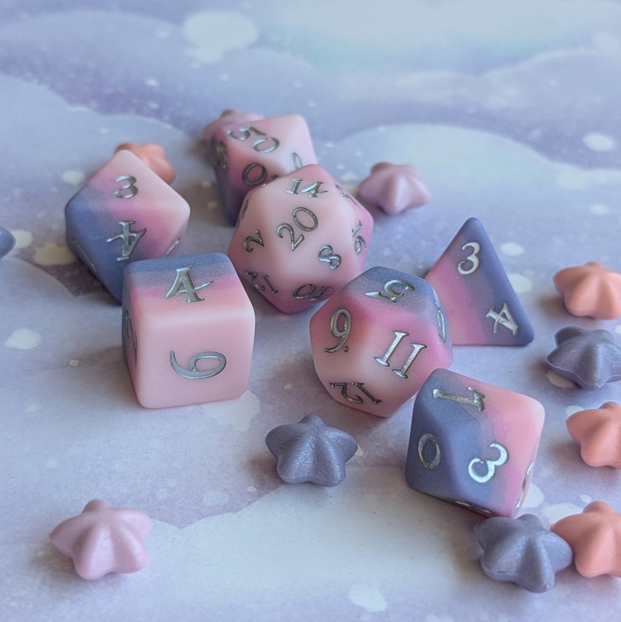 Dreamweaver Dice Set | 7-Piece Ombre Pink Purple DnD Dice | Fennek