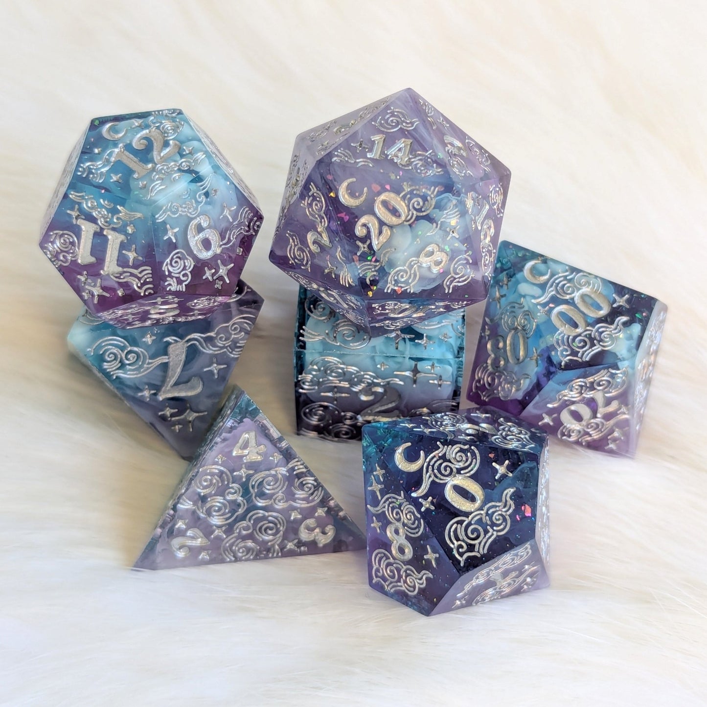 Dreamy Amethyst Sky Dice Set – Sharp Edge Purple Blue Glitter Resin | Fennek & Finch - Fennek and Finch